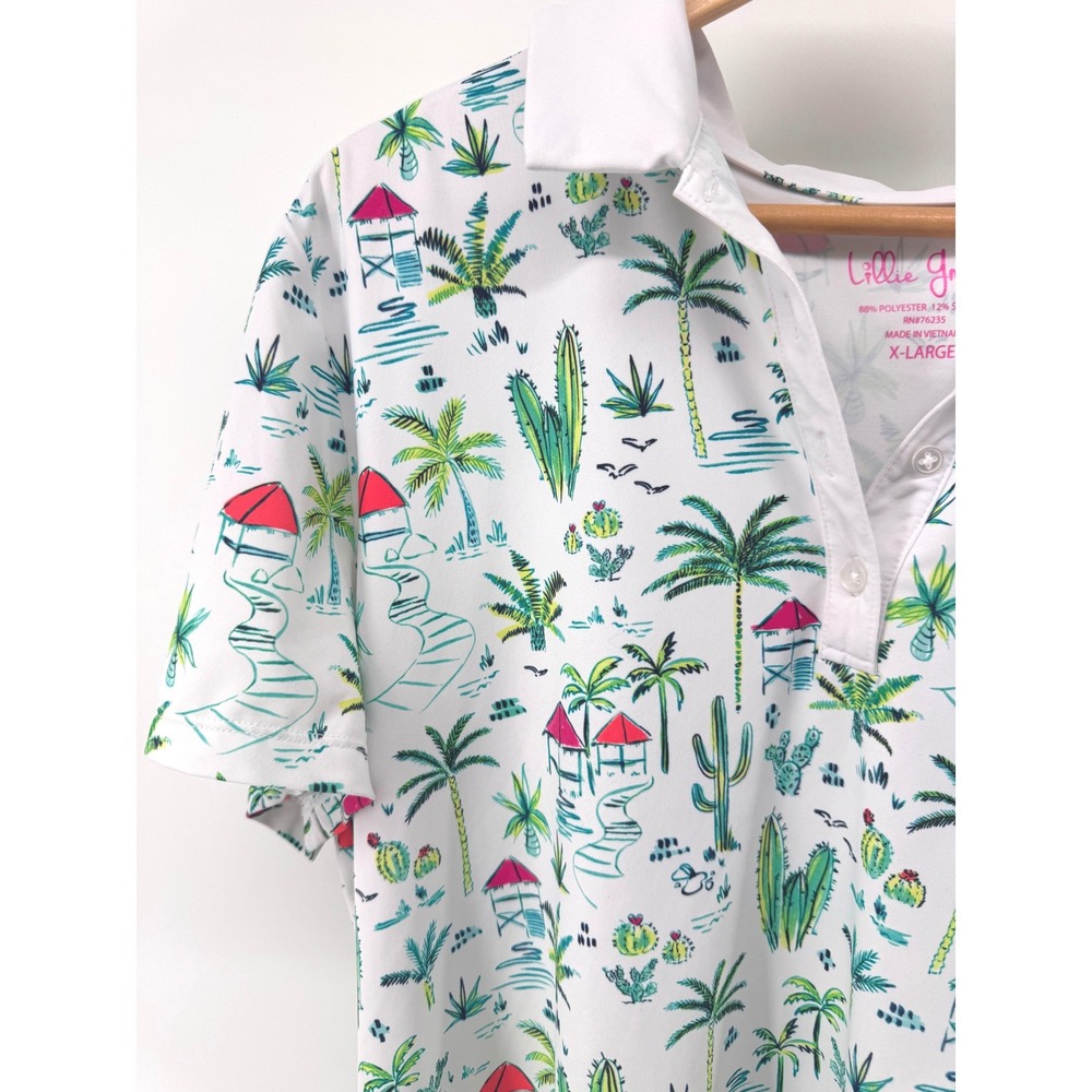 Lillie Green Polo Golf Shirt Womens XL White Tropical Beach Palm Tree Coastal